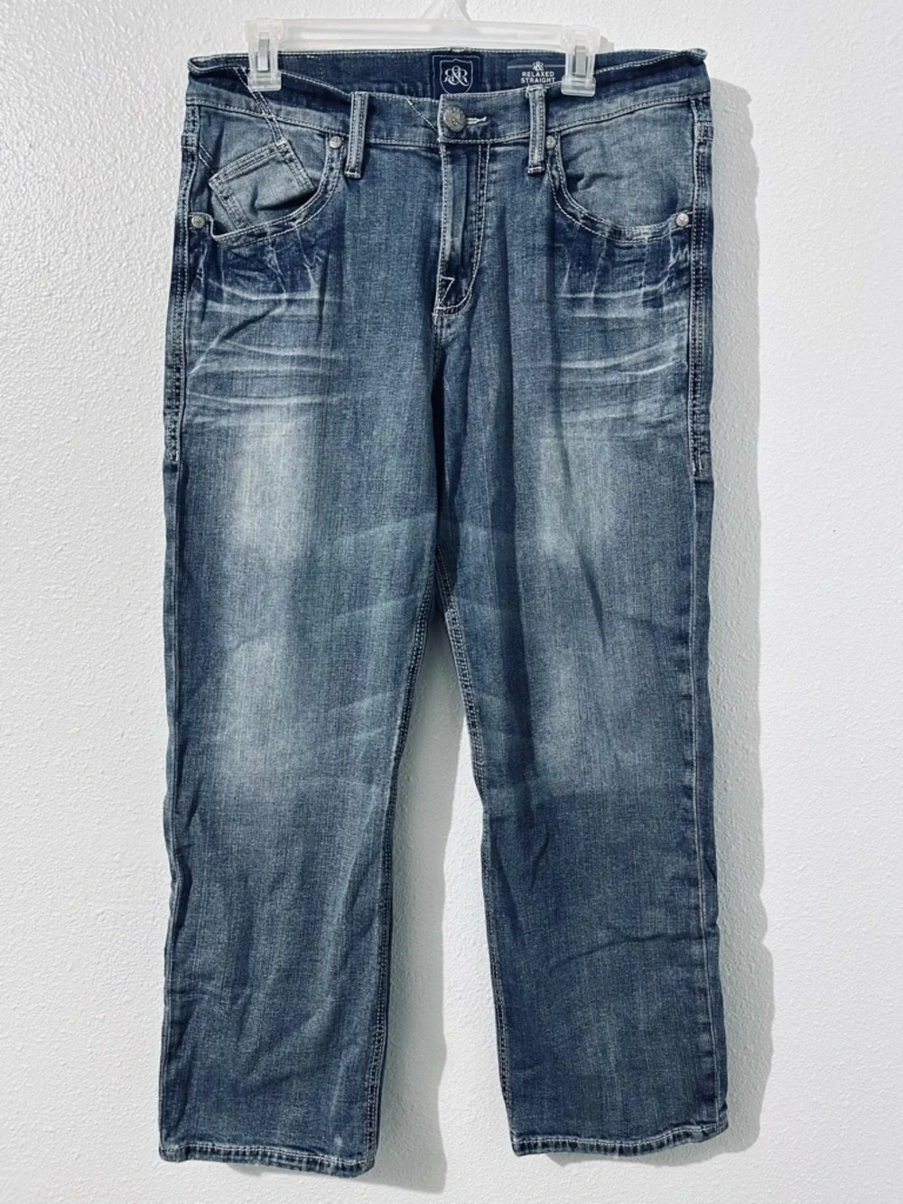 Rock & Republic Mens 33X30 Relaxed Straight Leg Denim Jeans Distressed Stretch